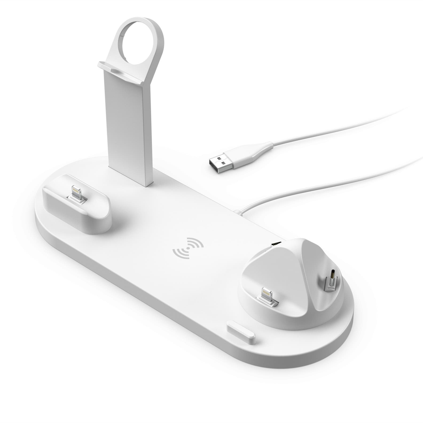 Soporte Organizador de Escritorio 3 en 1 — Cargador Qi 15 W, Soporte Auriculares y Reloj